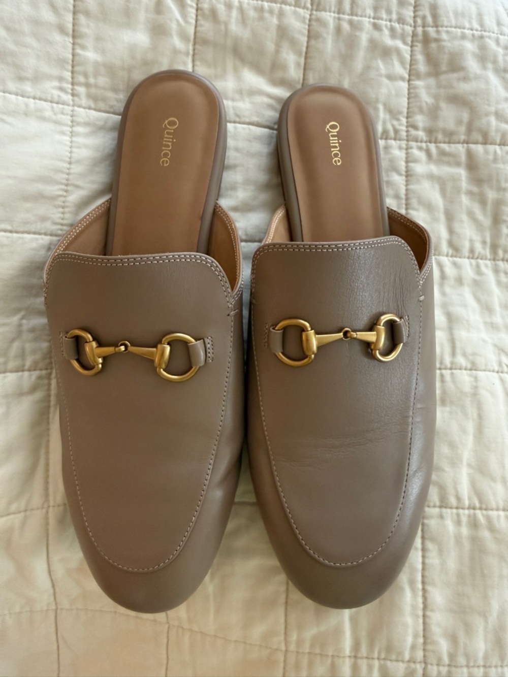 Quince Taupe Leather Horsebit Mules with Gold Hardware